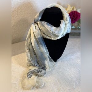 Vintage Chinese Ink Wash Floral Scarf 19x64 | Silk Feel Plum Blossom Calligraphy